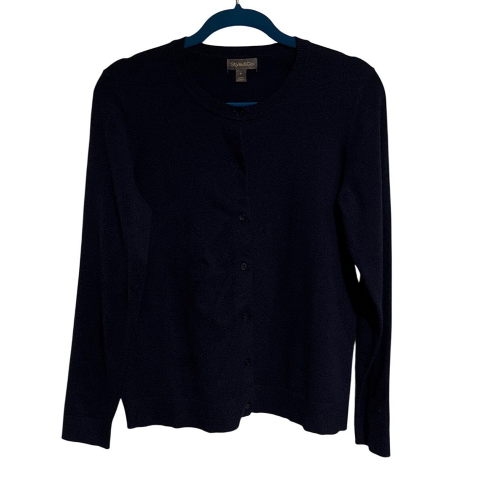 Style&Co Women's M Navy Blue Crew Neck Button Front Cardigan Sweater Careerwear